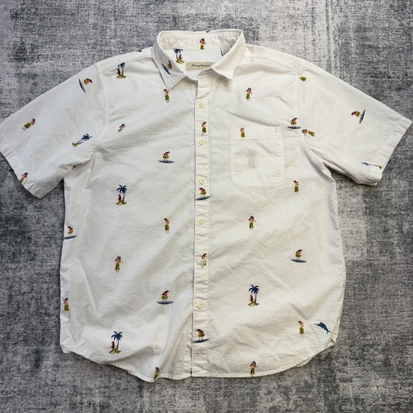 Tommy Bahama Shirt Mens XL White Seersucker Hula Girl Surfing Hawaiian Tropical - Picture 2 of 8